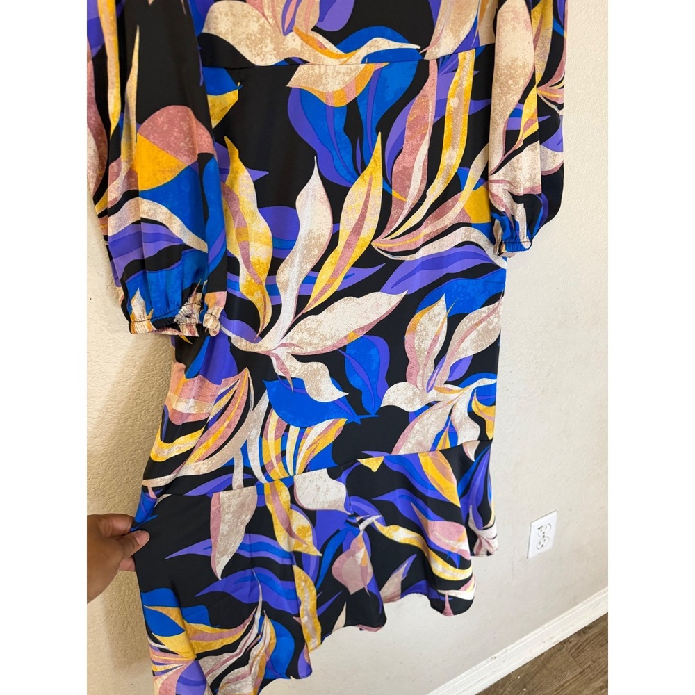 Maggy London Blue Purple Botanical Leaf Print Ruffle Hem Midi Dress Size 14 - Picture 5 of 12